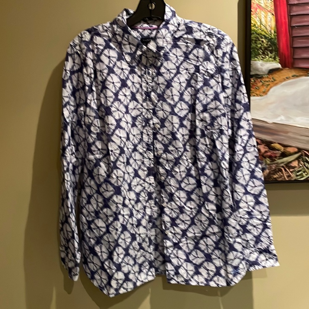 Talbots, summer batik, button-down with great cuff details. Medium